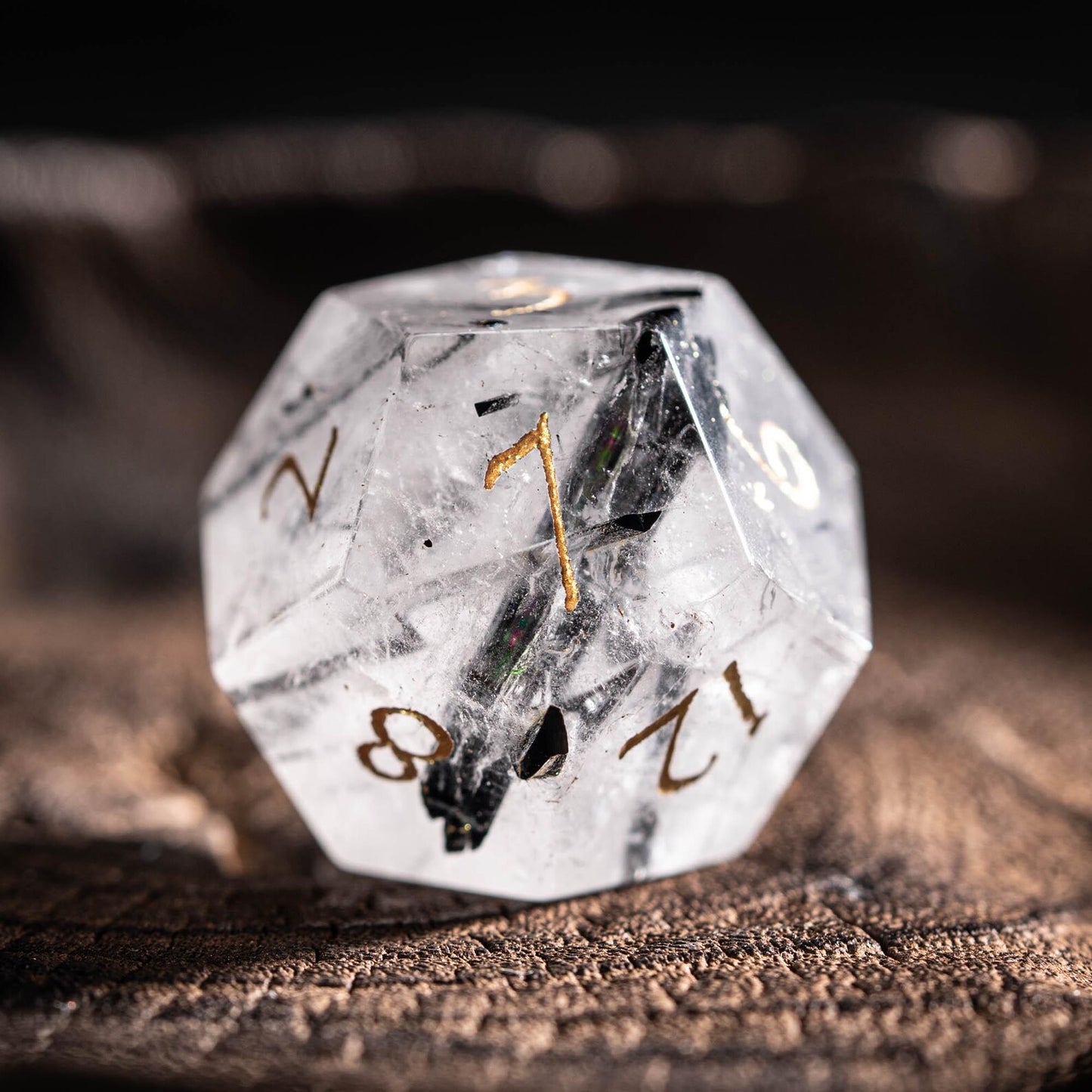 Black Rutile Quartz Gemstone Dice Set: Polyhedral DND Dice with Luxury Box
