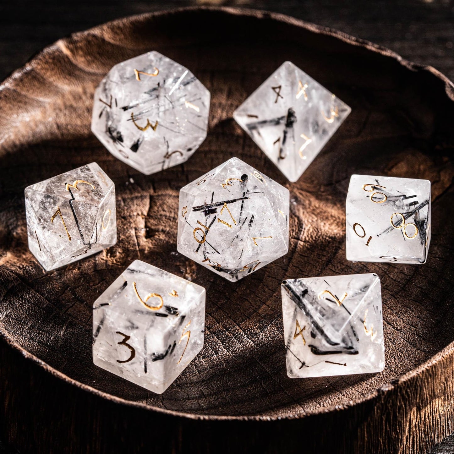 Black Rutile Quartz Gemstone Dice Set: Polyhedral DND Dice with Luxury Box