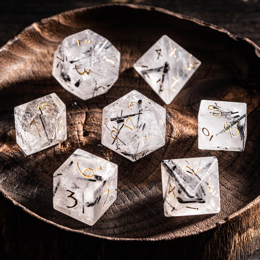 Black Rutile Quartz Gemstone Dice Set: Polyhedral DND Dice with Luxury Box