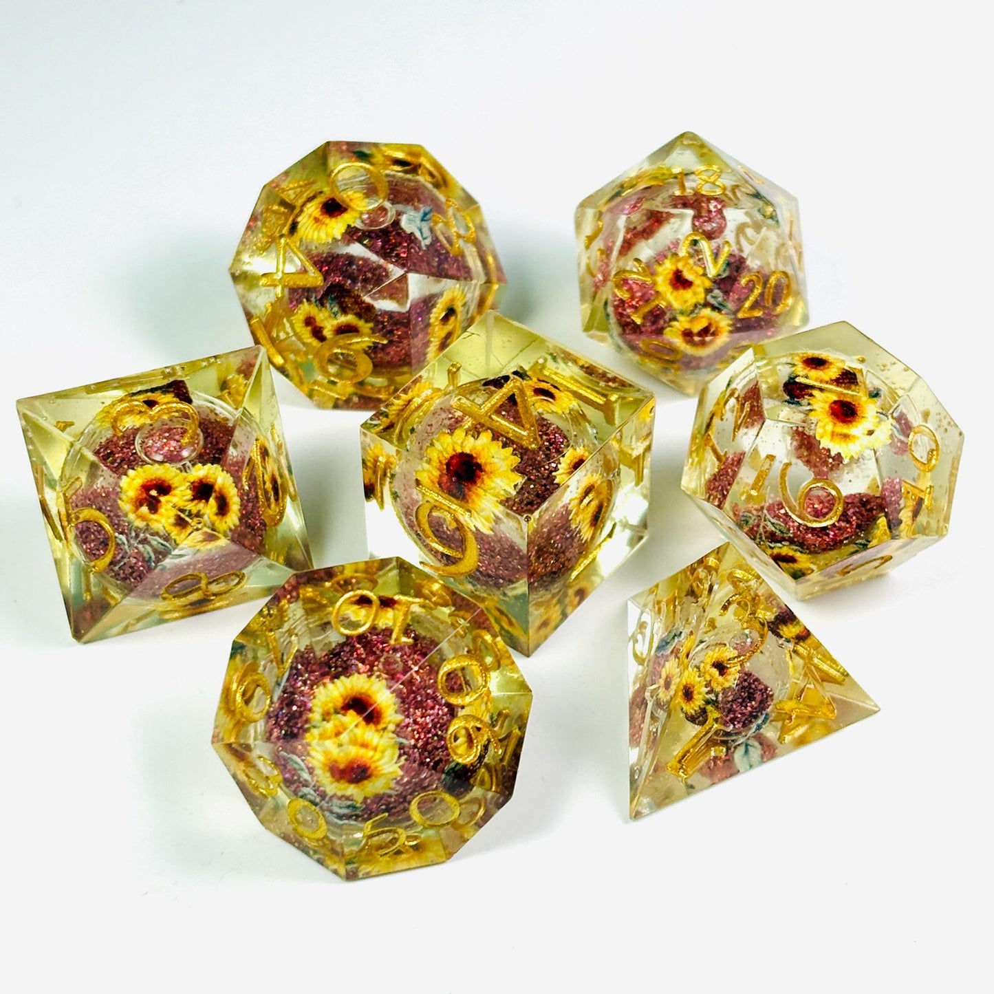 Sunflower Liquid Core DnD Dice Set, Sharp Edge D&D Dice Full Set, Dungeons and Dragons Polyhedral RPG DND Dice D6, D20, Gift for Gamer