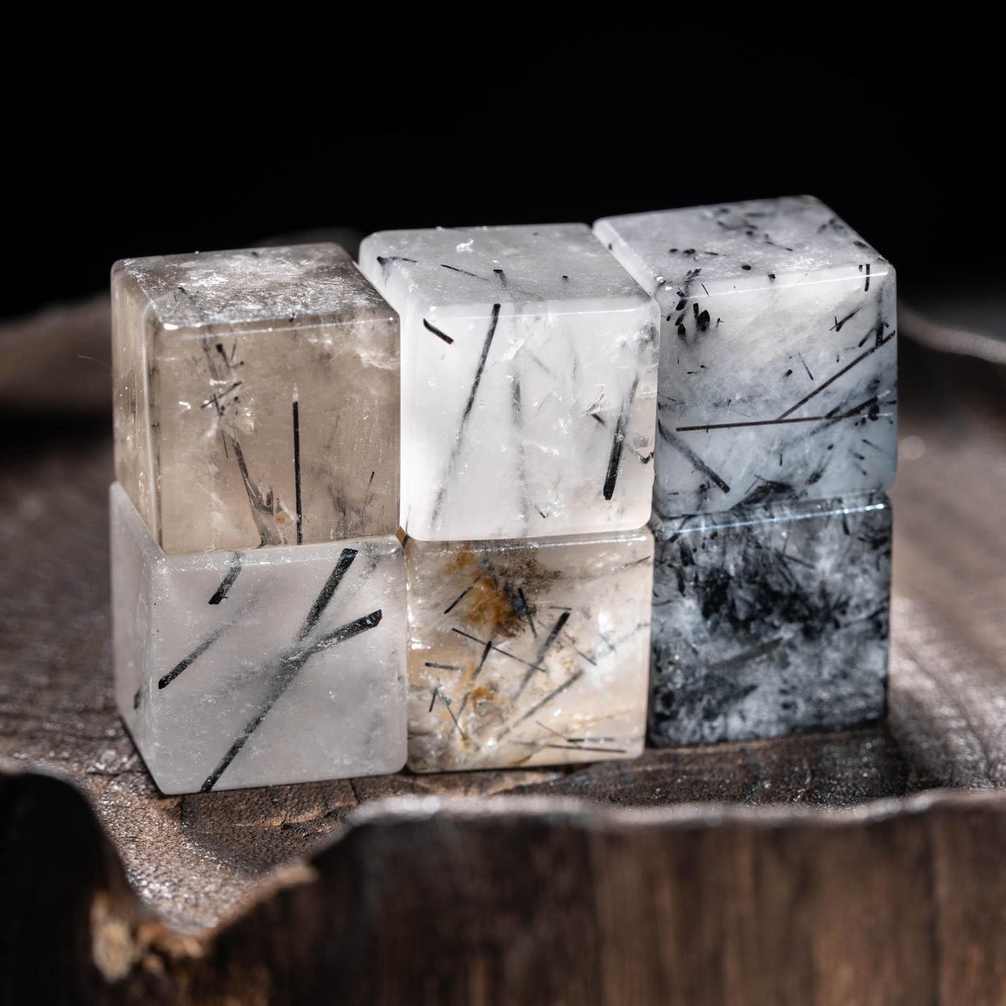 Black Rutile Quartz Gemstone Dice Set: Polyhedral DND Dice with Luxury Box