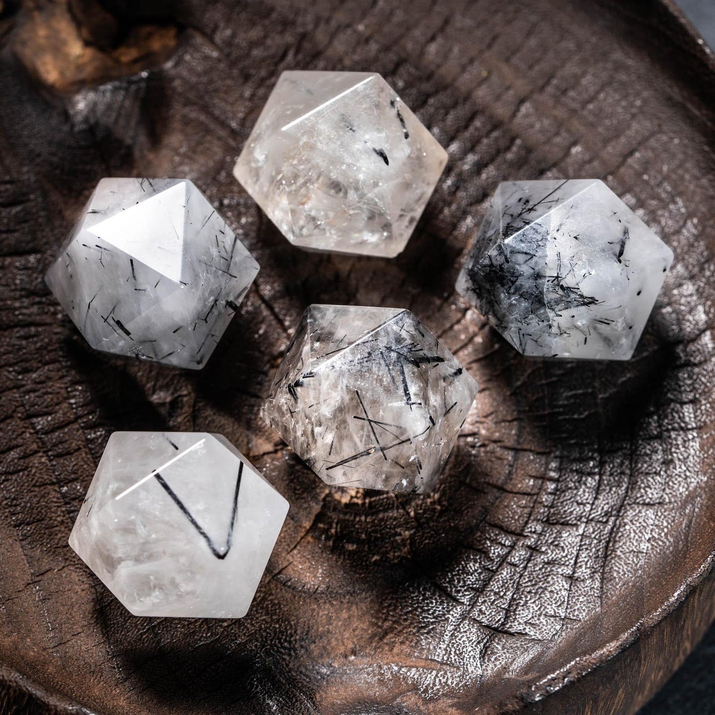 Black Rutile Quartz Gemstone Dice Set: Polyhedral DND Dice with Luxury Box