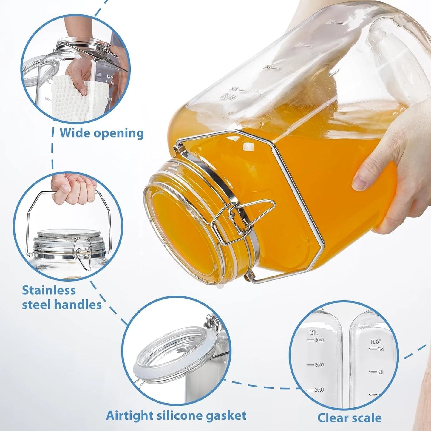 1.5 Gallon Glass Jars With Airtight Lid, Gallon Mason Jars Wide Mouth w Scale
