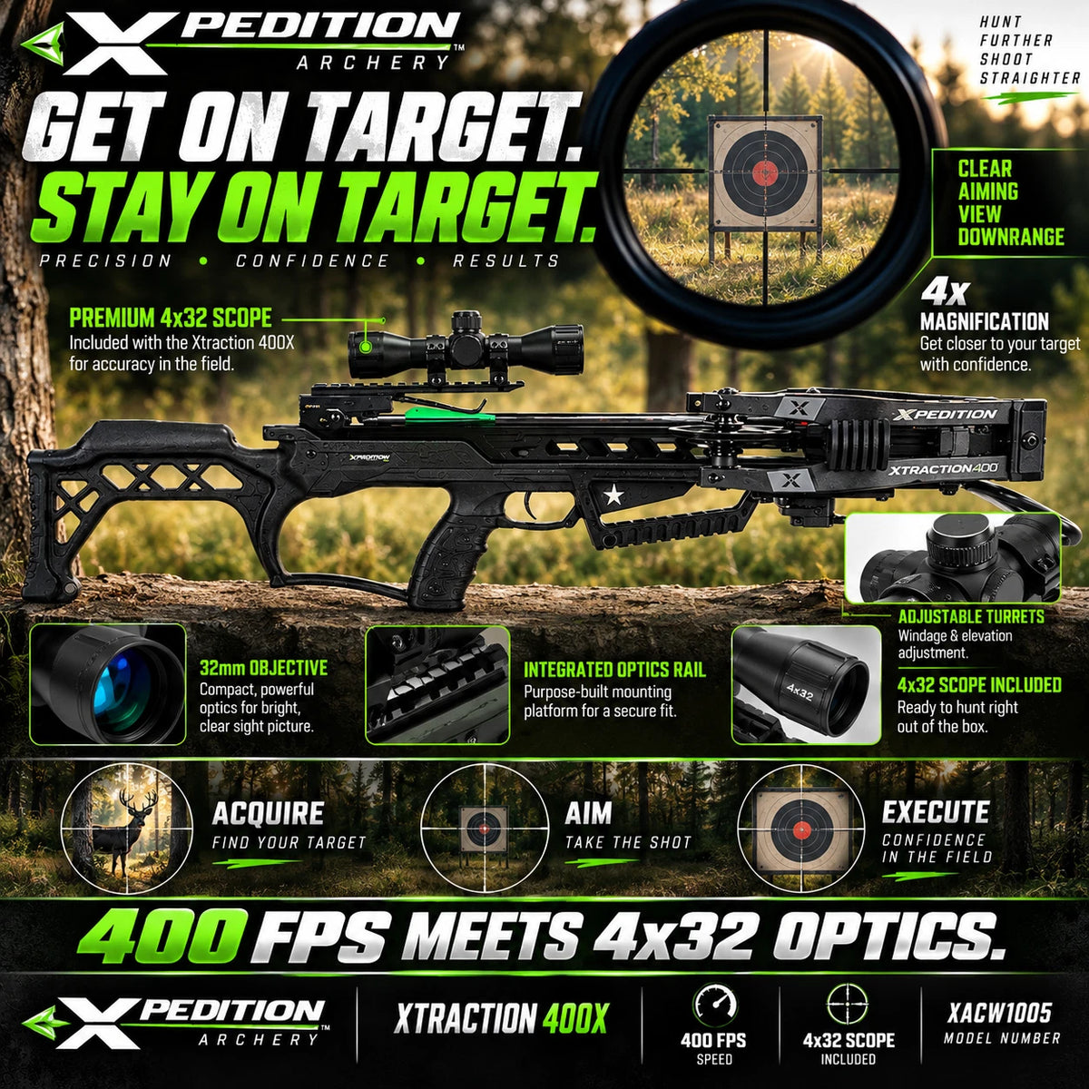Xpedition Archery Xtraction 400X Crossbow 400 FPS 4x32 Scope XACW1005